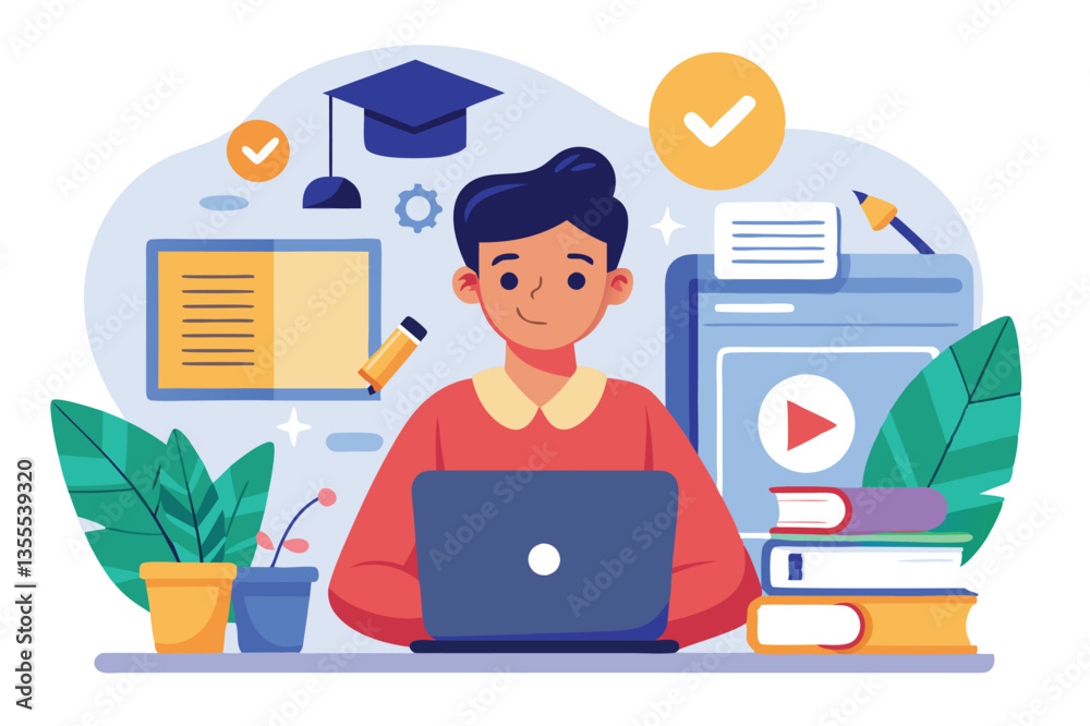 Aufkleber Working on a project in a minimal workspace with plants and organized tasks on a screen in a modern illustration style