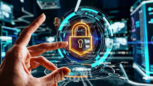 Holographic security shield with lock symbol emerging from futuristic digital interface, human hand interacting with advanced technological visualization