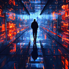 Fototapeta premium A solitary figure walks toward a city in a futuristic corridor. Suggests themes of technology journey and exploration a visual marvel for sci-fi concepts.