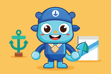 Cheerful cartoon character in captain uniform holding an anchor, set against a blue background, perfect for children's illustrations or nautical themes
