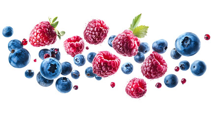 Berries soaring on white backdrop, realistic food photography style