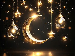Golden Crescent Moon with Stars, and Lanterns.