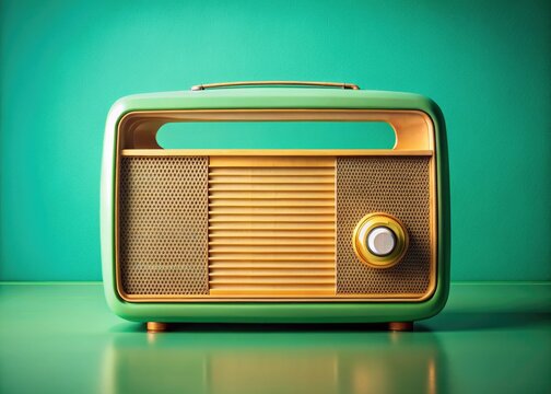 Classic, antique radio in pristine condition; retro style and vintage aesthetic shine against a vibrant mint green background. Product photography perfection.