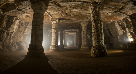 Mysterious Ancient Underground Cave with Stone Pillars and Dim Light Illumination