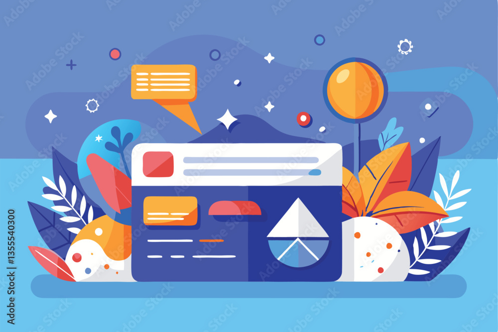 Aufkleber colorful minimalist vector illustration of a computer screen surrounded by vibrant plants and abstra