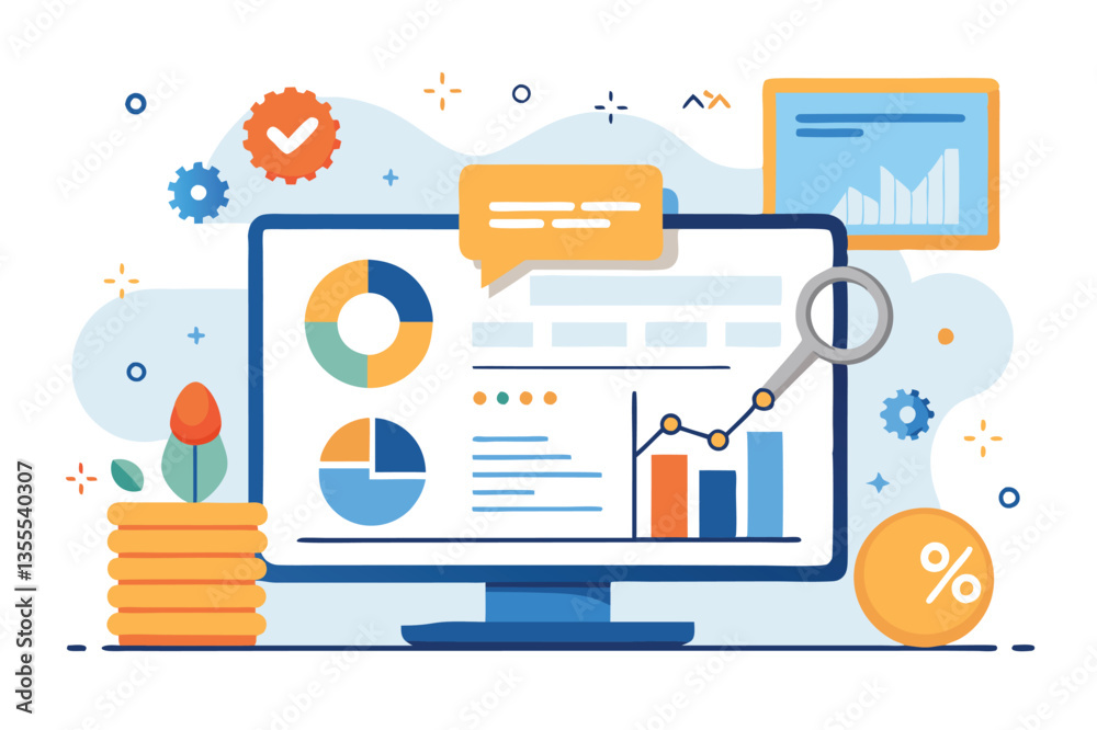 Poster vector illustration of a modern workspace with data analytics on a computer monitor and charts, show