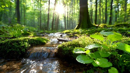 Obraz premium Sunlight Streams Through Trees Over a Flowing Creek in a Lush, Green Forest Environment