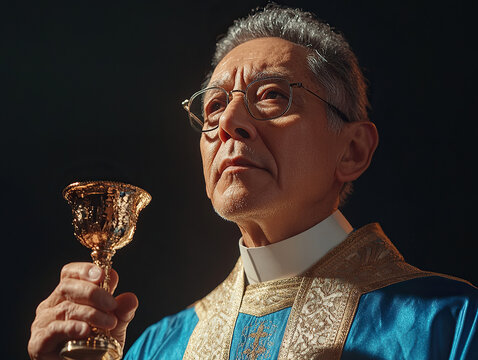 An individual in ecclesiastical vestments holds a chalice, looking upwards with a thoughtful expression against a dark backdrop.