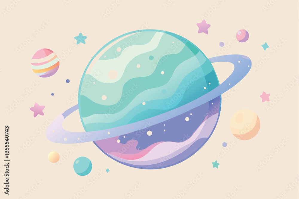 Poster stunning vector illustration of a colorful planet surrounded by vibrant moons and stars in a minimal
