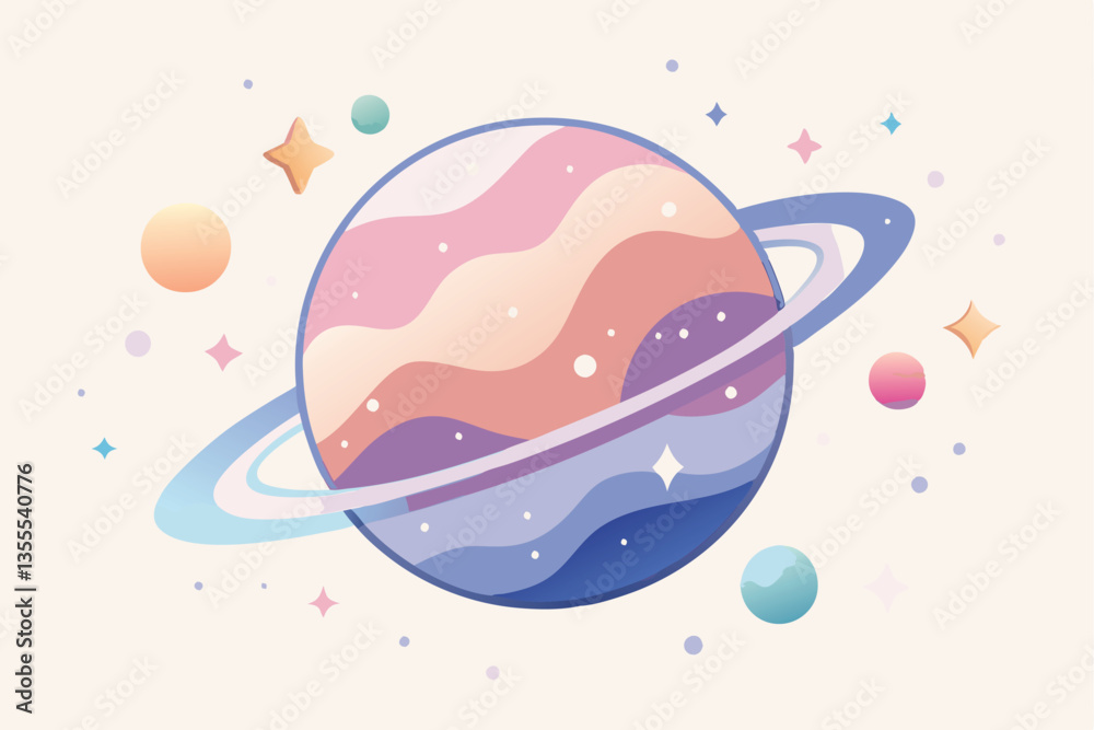 Poster Stunning vector illustration of a colorful planet surrounded by vibrant moons and stars in a minimalistic design, set against a soft purple background