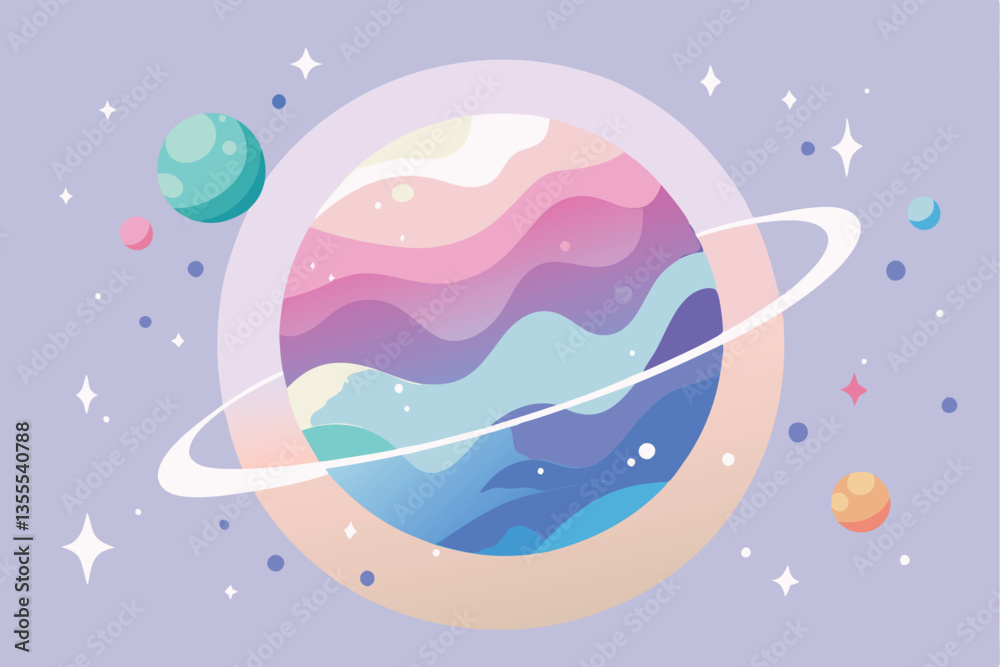 Poster stunning vector illustration of a colorful planet surrounded by vibrant moons and stars in a minimal