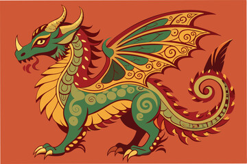 Illustration of a colorful dragon with intricate patterns in a minimal style, showcasing mythical elements in an artistic design