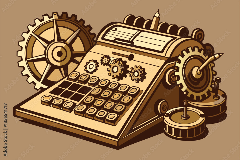 Aufkleber vintage calculator surrounded by gears and cogs in a minimal vector illustration style showcasing me