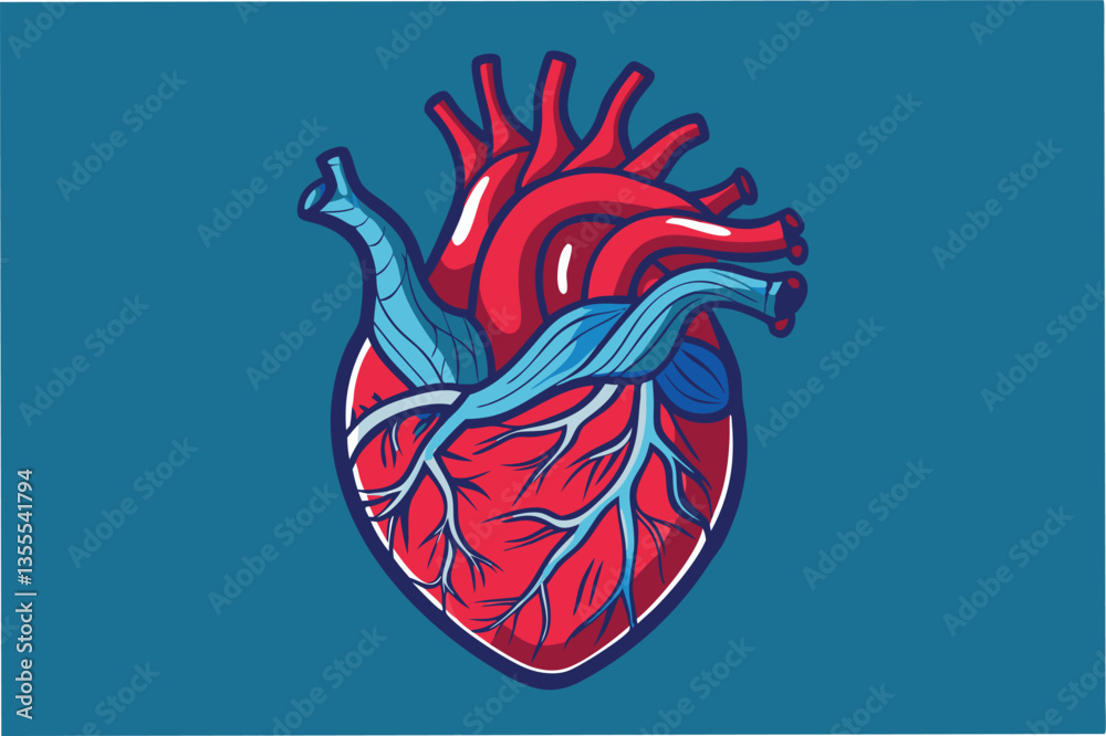 Poster detailed vector illustration of a human heart showing arteries and veins on a minimal background in 