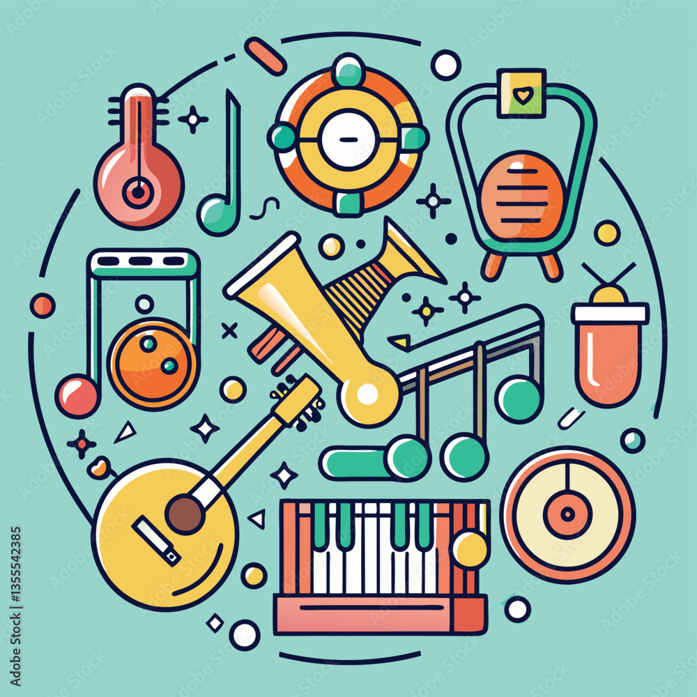 Poster Colorful minimal vector illustration of various musical instruments and elements showcasing rhythm and creativity in a vibrant design
