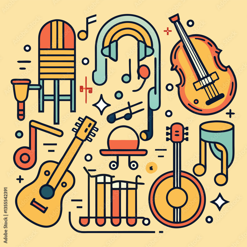 Poster colorful minimal vector illustration of various musical instruments and elements showcasing rhythm a