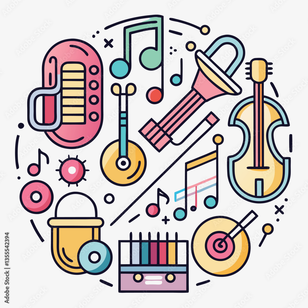 Poster Colorful minimal vector illustration of various musical instruments and elements showcasing rhythm and creativity in a vibrant design