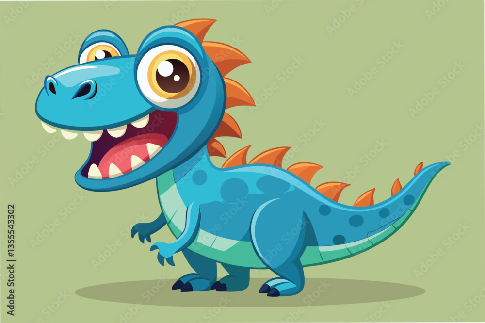 Poster Colorful minimal vector illustration of a cheerful dinosaur standing on a plain background and showcasing playful features during a mid-day activity