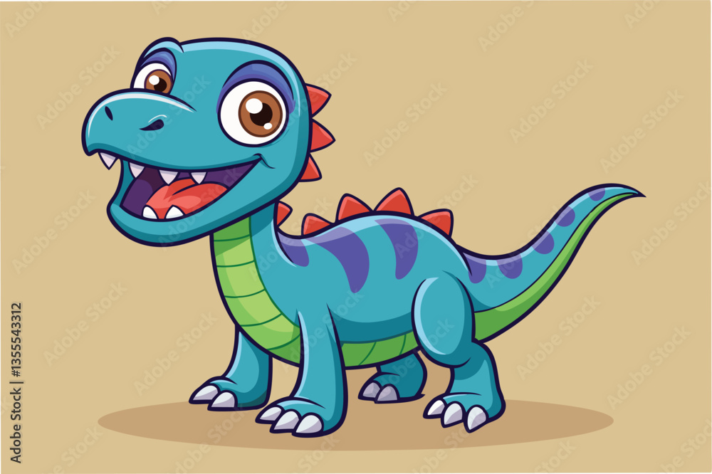 Poster Colorful minimal vector illustration of a cheerful dinosaur standing on a plain background and showcasing playful features during a mid-day activity