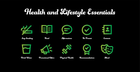 Health and Lifestyle Essentials. Contacts, Drink Water, Mood, Physical Health, Be Present, Affirmations, Promotional Offers, Recommendations, Stop Smoking, Read. Lifestyle.