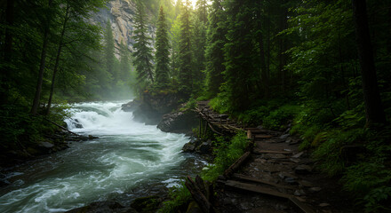 Cascading Waterfall Flows Through Green Forest with Hiking Trail