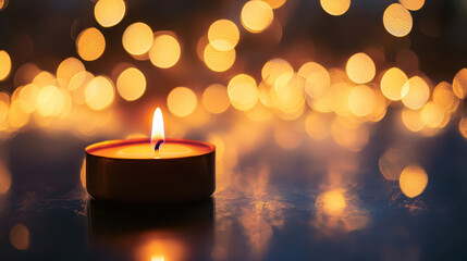 A glowing candle with warm flame surrounded by soft golden bokeh lights creates serene and inviting atmosphere