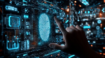 Hand interacting with digital fingerprint interface.