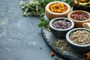 A variety of spices and herbs in bowls on slate platter symbolize health and well being, promoting holistic health and vibrant living
