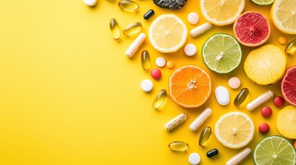 Fresh fruits and dietary supplements are essential for health and well being, providing vitamins and nutrients to support overall vitality..
