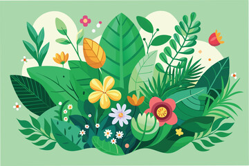 Colorful minimal vector illustration of vibrant plants and flowers in a lush garden setting with various shades of green foliage under a bright sky