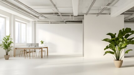 Minimalist white office corner with mock-up wall, clean and modern design, bathed in natural light