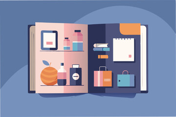 Illustration of an open brochure showcasing minimal product designs in various containers on a clean, modern backdrop
