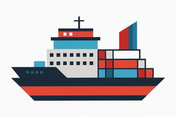Cargo vessel and sailboat in a minimal vector illustration depicting marine activity on calm waters during daylight hours