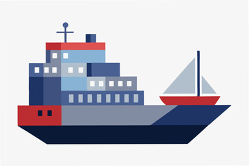 Cargo vessel and sailboat in a minimal vector illustration depicting marine activity on calm waters during daylight hours
