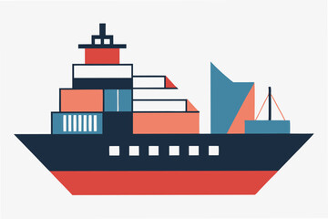 Cargo vessel and sailboat in a minimal vector illustration depicting marine activity on calm waters during daylight hours