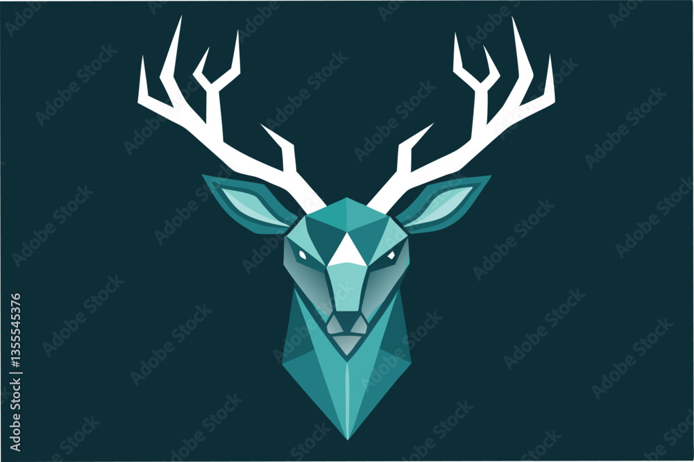 Poster stylized geometric illustration of a deer head with intricate triangular shapes in shades of teal an