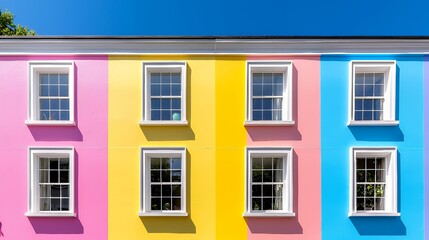 Obraz premium Row of Colorful Building Facade with Windows Under Bright Blue Sky