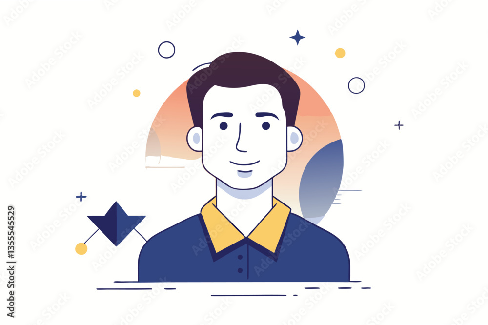 Fototapete Vector illustration of a smiling man in a minimal style with geometric design elements and soft colors