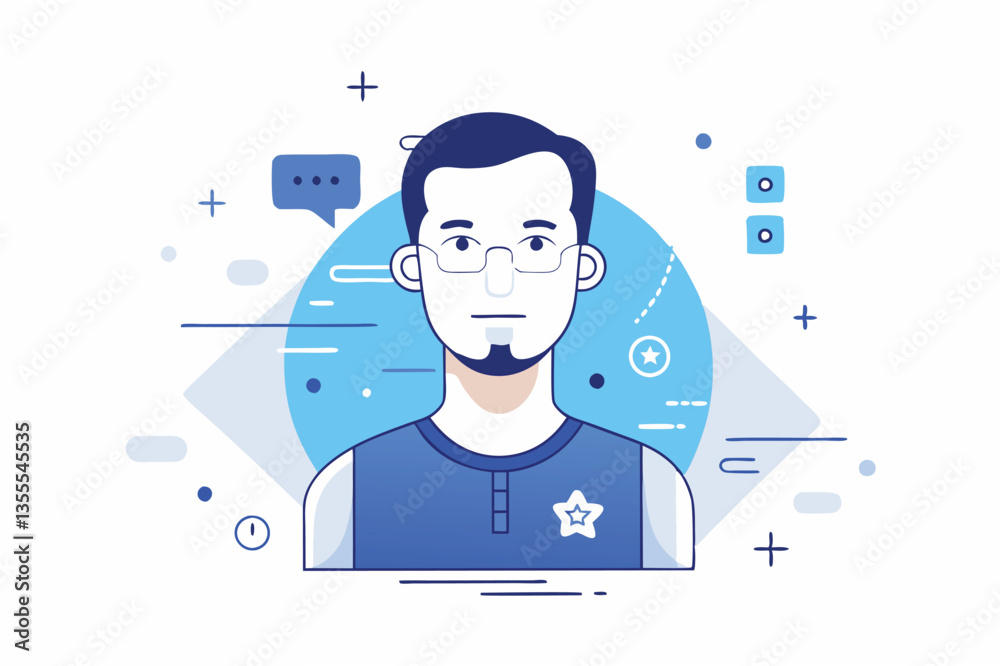 Poster Vector illustration of a smiling man in a minimal style with geometric design elements and soft colors