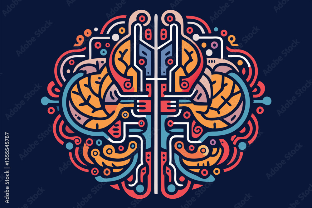 Poster colorful minimal vector illustration of a brain with circuit patterns, representing the connection b