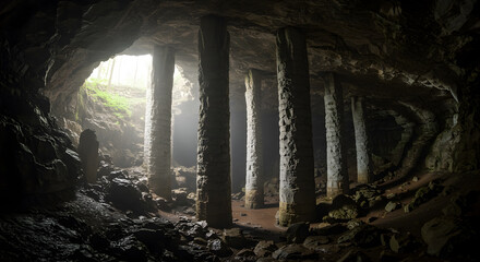Mysterious subterranean chamber featuring imposing stone pillars and subtle light effects