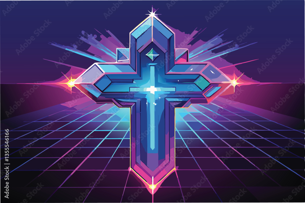 Poster Cross illustration in minimal vector art style featuring neon colors and geometric patterns against a dark background