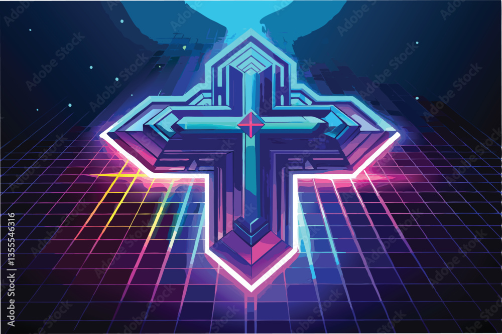 Poster Cross illustration in minimal vector art style featuring neon colors and geometric patterns against a dark background