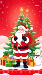 Merry Christmas Scene with Santa, Gifts, and Holiday Lights - Digital Artwork, Santa Claus Christmas Illustration, Festive Holiday Vector, Christmas Tree and Santa, Santa Claus Holding Gifts in Front 