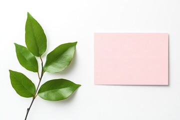 Fresh leaves and a pastel pink note.  A simple, elegant arrangement of vibrant green leaves and a light pink note card, perfect for branding or invitation designs.  Natural and airy aesthetic