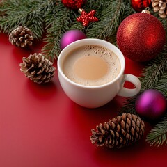 Festive Christmas Coffee Scene with Pinecones and Spruce, Rich Aromatic Beverage on Red Background