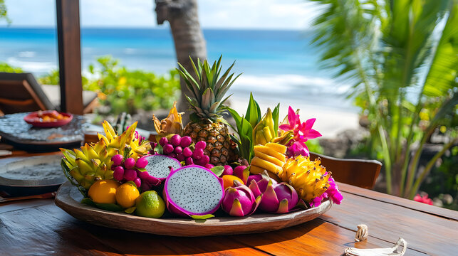 Tropical fruits platter with pineapple, dragon fruit, papaya and kiwi on table by the sea