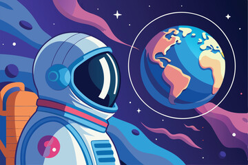 Space exploration vector illustration featuring an astronaut gazing at Earth in a minimalistic style
