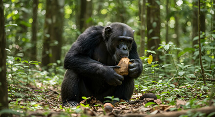 Chimpanzee Eating Food Sitting on Forest Ground Holding Snack