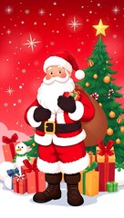 Merry Christmas Scene with Santa, Gifts, and Holiday Lights - Digital Artwork, Santa Claus Christmas Illustration, Festive Holiday Vector, Christmas Tree and Santa, Santa Claus Holding Gifts in Front 